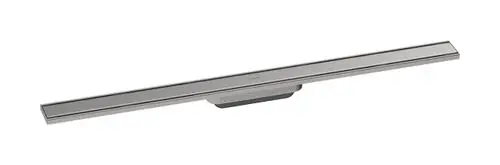 Edelstahl-Duschrinne von Hansgrohe mit flachen, geraden Linien. Das Design ermöglicht einen nahtlosen Übergang im Badezimmer. Ideal für die Integration in moderne Duschanlagen.